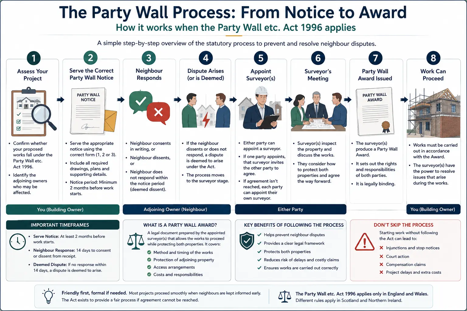 Do I Need a Party Wall Agreement? An infographic showing the party wall process from notice to award in a very interactive way for the citizens living in Sheffield, UK
