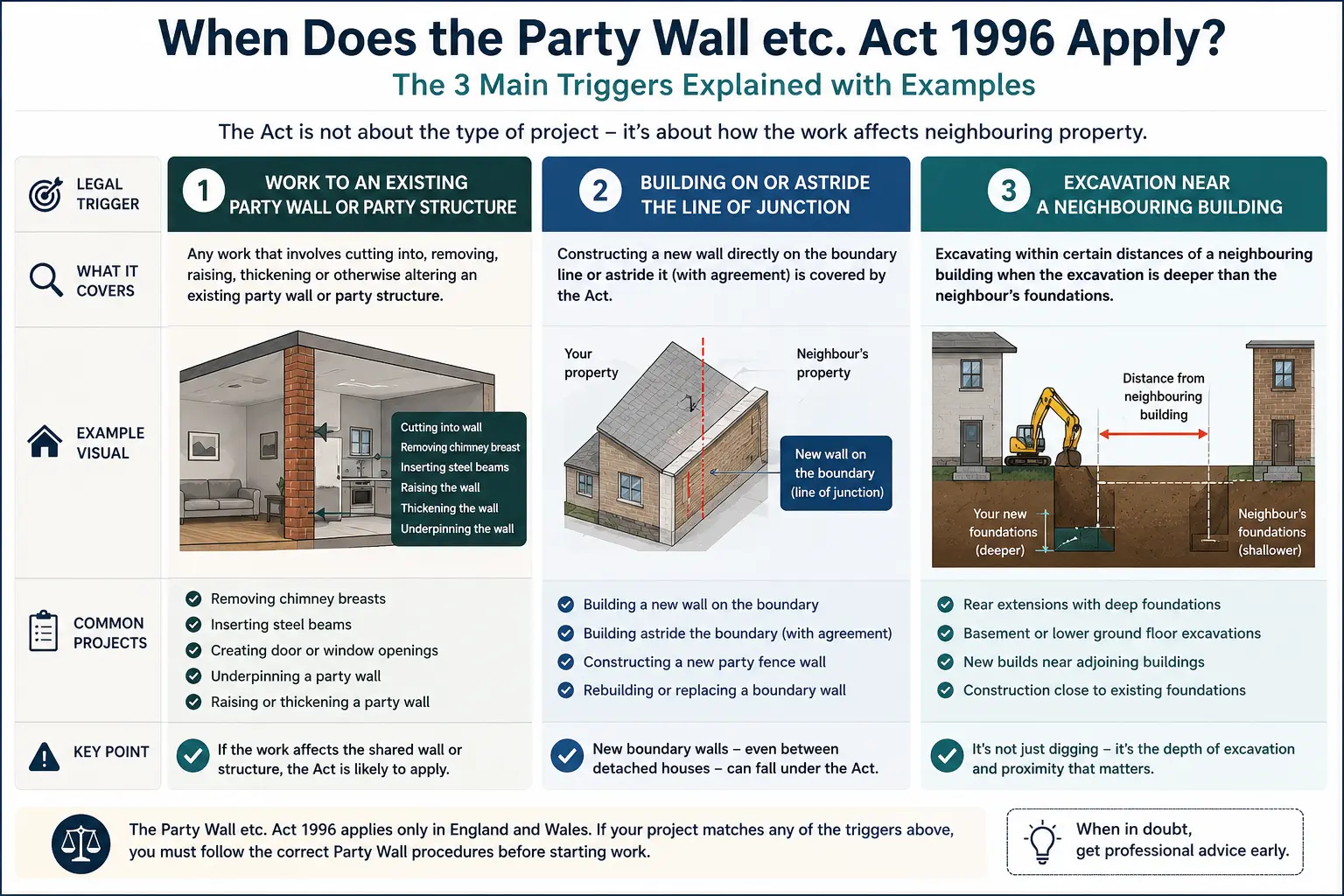 Do I Need a Party Wall Agreement? An infographic showing when does the party wall etc act 1996 apply like excavation, junction, painting, in Sheffield, UK